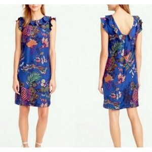 J Crew 100% Silk Dress Womens 8 Blue Flower Print Knee Length Sleeveless Ruffles